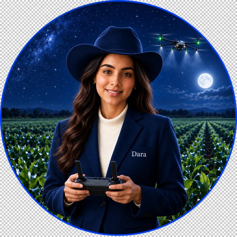 Dara, personagem do Ecossistema Dara, de jaqueta azul e chapéu, segurando o controle de um drone em um campo noturno com círculo neon azul
